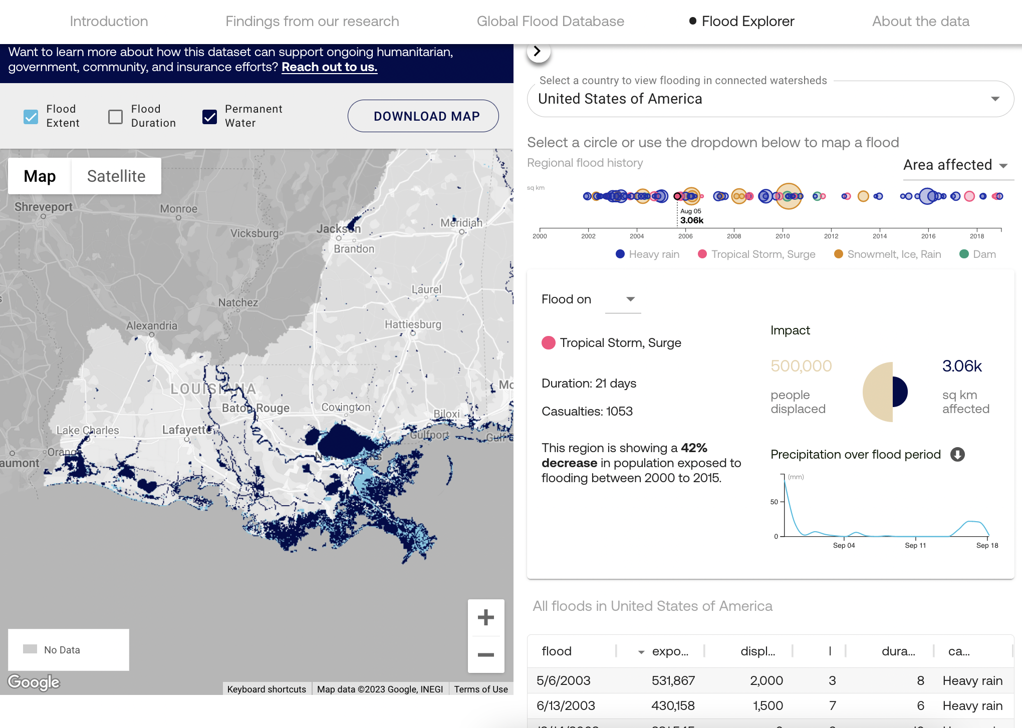 A screenshot of the Global Flood Databse dashboard, which allows users to select historic flood events and visualize them on a map.