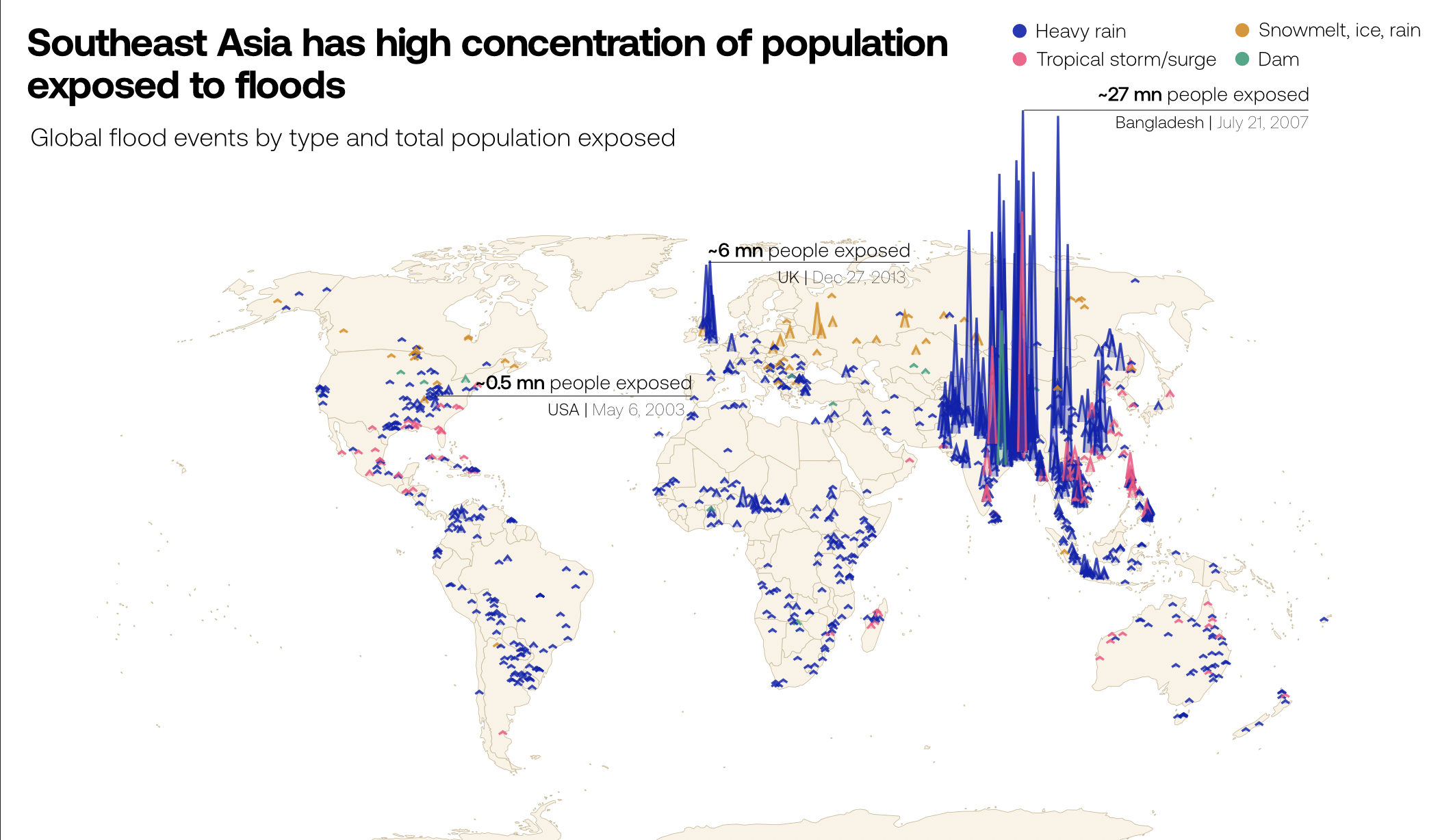 A map of the world showing global flood events by type. Southeast Asia has a high density of flooded areas.