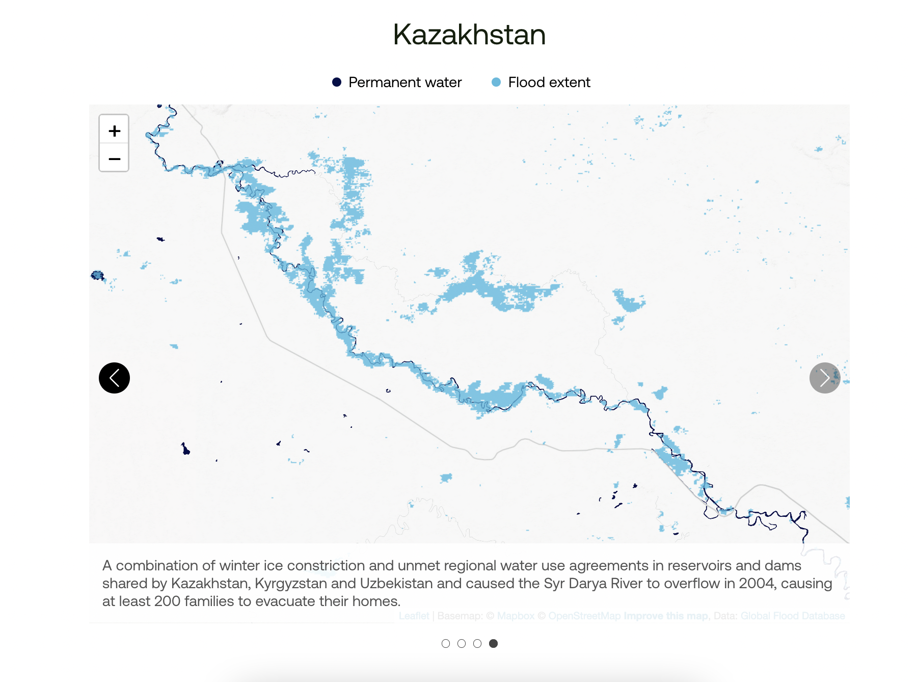 A map of Kazakhstan showing a flooded region around thge Syr Darya River.