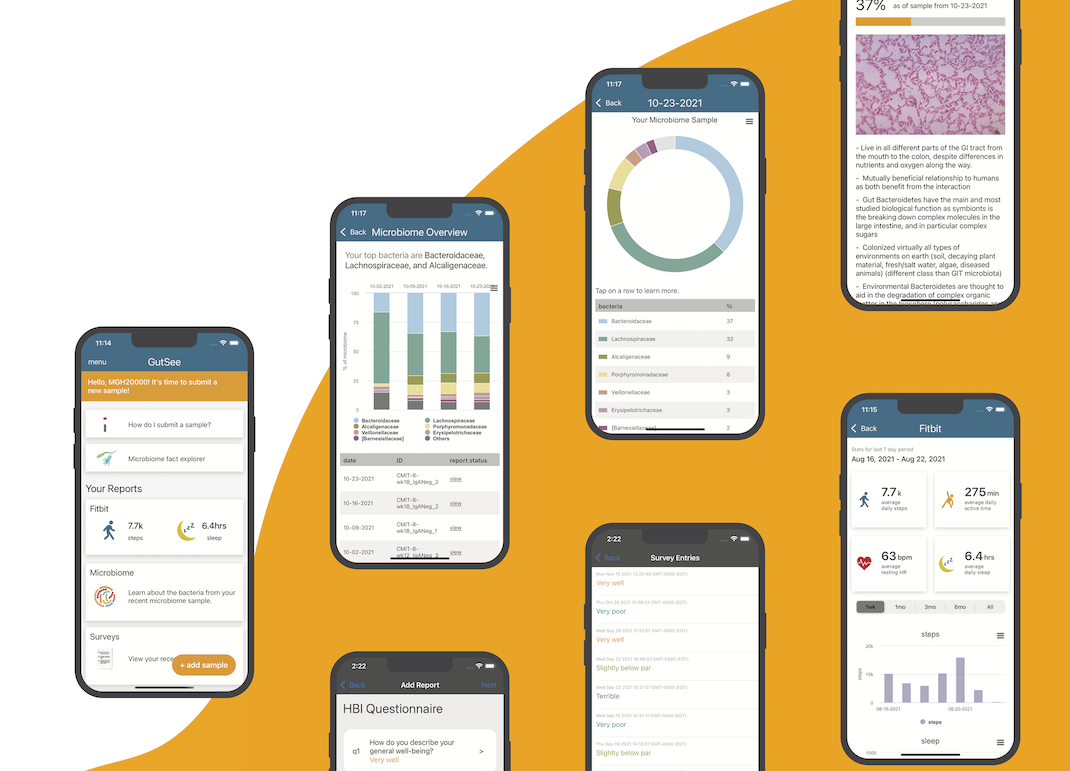 A poster showing multiple static mockups of the Gutsee App.