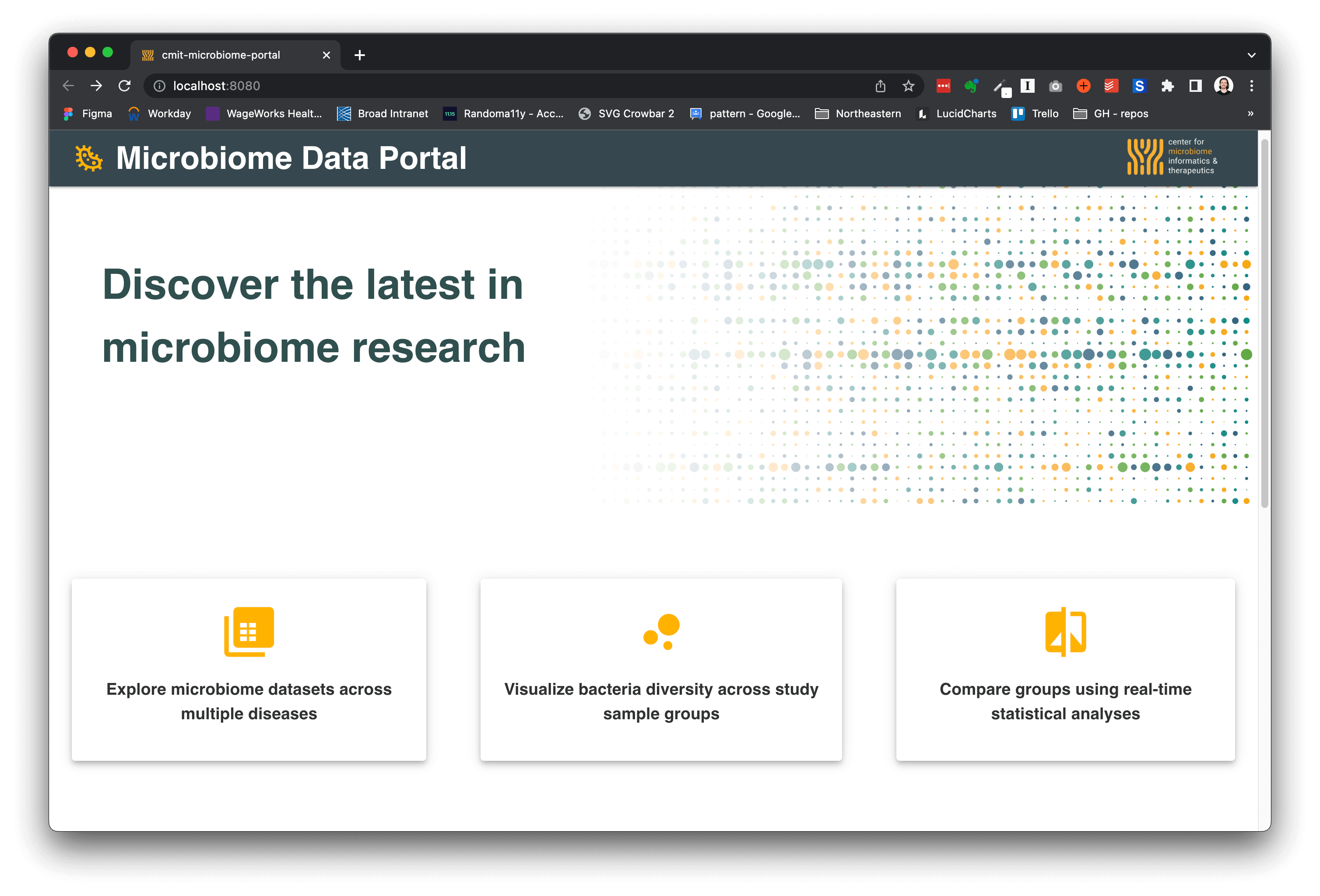 Screenshot of the CMIT microbiome data portal. Header says 'Discover the latest in microbiome research'.