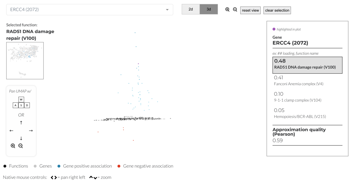 Screenshot of the Webster portal, showing a 3d UMAP plot in the center and a siderbar of navigation dropdowns on the left.